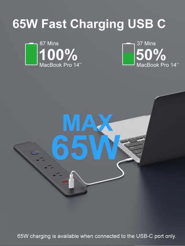 Alt view image 2 of 7 - Recessed Power Strip 65W USB-C Fast Charging 3 AC Outlets for Home&Office | Drawer Outlet with 6ft Flat Plug Cable,Desk-Mounted Hidden Electrical Outlet,Recessed Outlet Black