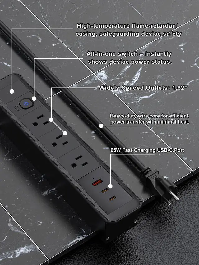 Alt view image 3 of 7 - Recessed Power Strip 65W USB-C Fast Charging 3 AC Outlets for Home&Office | Drawer Outlet with 6ft Flat Plug Cable,Desk-Mounted Hidden Electrical Outlet,Recessed Outlet Black