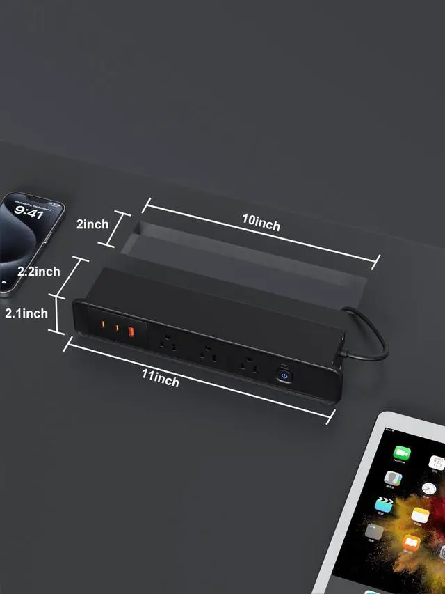 Alt view image 7 of 7 - Recessed Power Strip 65W USB-C Fast Charging 3 AC Outlets for Home&Office | Drawer Outlet with 6ft Flat Plug Cable,Desk-Mounted Hidden Electrical Outlet,Recessed Outlet Black