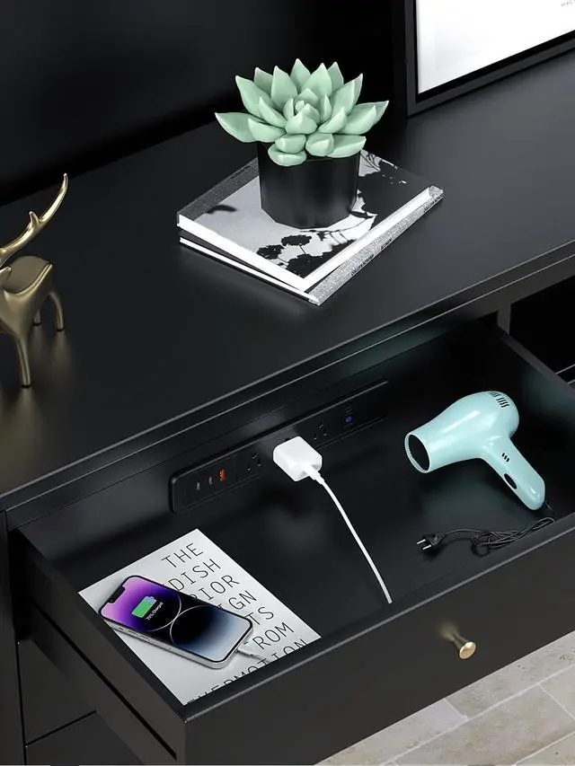 Alt view image 5 of 7 - Recessed Power Strip 65W USB-C Fast Charging 3 AC Outlets for Home&Office | Drawer Outlet with 6ft Flat Plug Cable,Desk-Mounted Hidden Electrical Outlet,Recessed Outlet Black