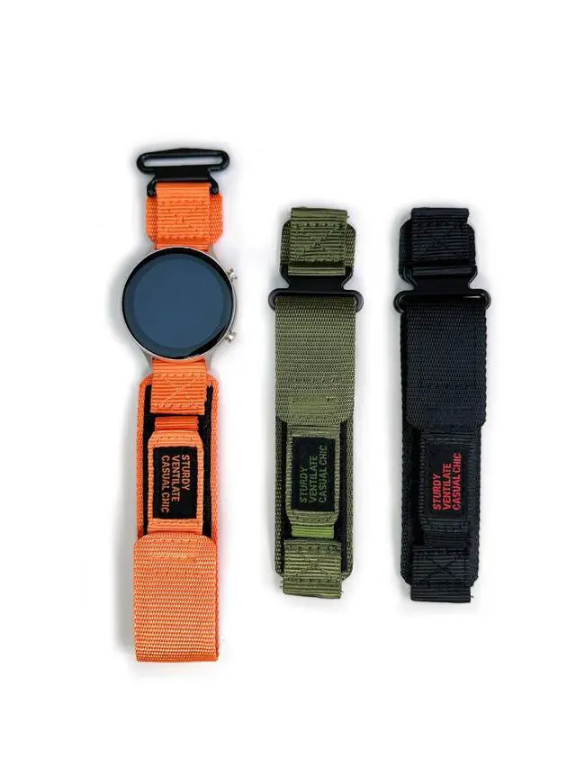 Alt view image 3 of 7 - Nylon Watch Band Compatible with Garmin Quick Fit Hook & Loop Sport Strap with Stainless Steel Buckle Army Green/Black/Orange