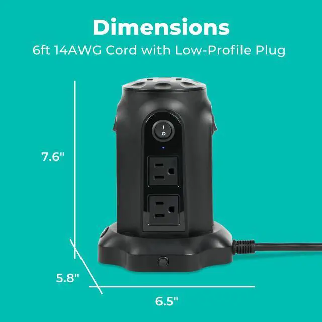 Alt view image 3 of 7 - Power Strip Tower with USB Ports (4 USB-A), 8 Outlet Tower, 6ft Long Extension Cord, 1080J Surge Protector Power Strip Tower, Charging Tower, Surge Protector Tower
