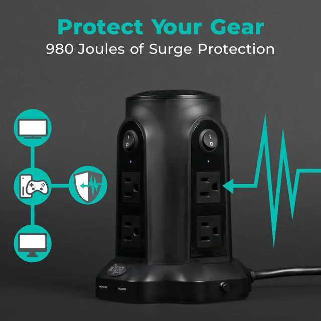 Alt view image 5 of 7 - Power Strip Tower with USB Ports (4 USB-A), 8 Outlet Tower, 6ft Long Extension Cord, 1080J Surge Protector Power Strip Tower, Charging Tower, Surge Protector Tower