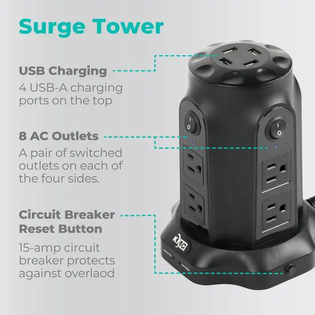 Alt view image 2 of 7 - Power Strip Tower with USB Ports (4 USB-A), 8 Outlet Tower, 6ft Long Extension Cord, 1080J Surge Protector Power Strip Tower, Charging Tower, Surge Protector Tower