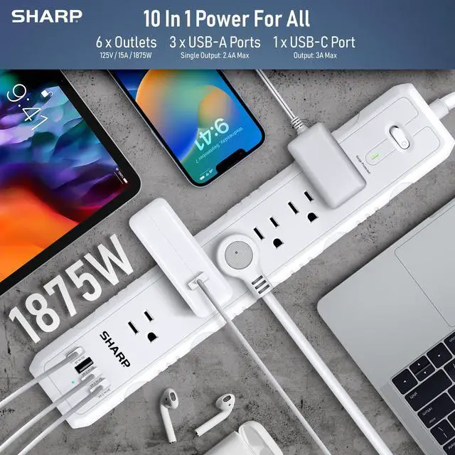 Alt view image 2 of 6 - Surge Protector Power Strip with 6 Outlets, 4 USB Ports, White | 3 USB-A + 1 USB-C; Fast charging; Flat wall-hugger plug; 5-ft cord; Widely spaced outlets