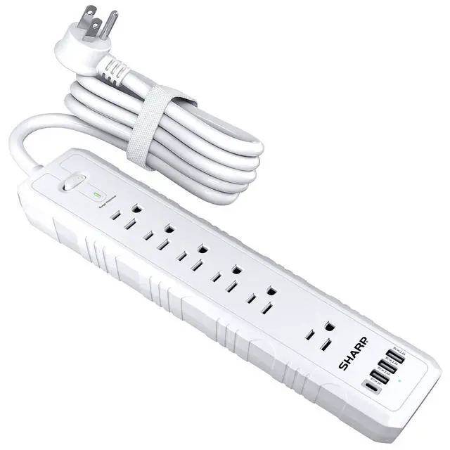 Main image of Surge Protector Power Strip with 6 Outlets, 4 USB Ports, White | 3 USB-A + 1 USB-C; Fast charging; Flat wall-hugger plug; 5-ft cord; Widely spaced outlets