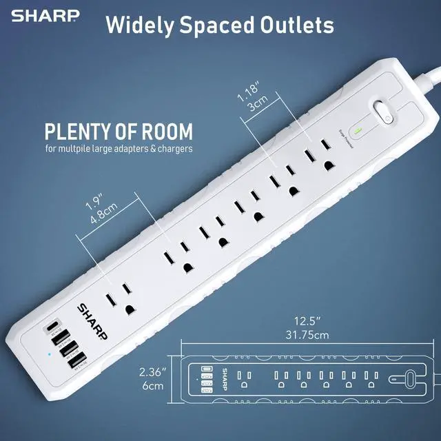 Alt view image 3 of 6 - Surge Protector Power Strip with 6 Outlets, 4 USB Ports, White | 3 USB-A + 1 USB-C; Fast charging; Flat wall-hugger plug; 5-ft cord; Widely spaced outlets