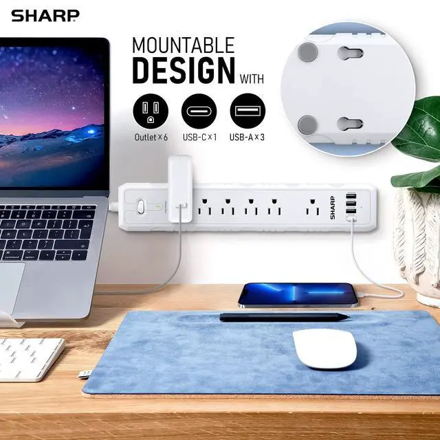 Alt view image 5 of 6 - Surge Protector Power Strip with 6 Outlets, 4 USB Ports, White | 3 USB-A + 1 USB-C; Fast charging; Flat wall-hugger plug; 5-ft cord; Widely spaced outlets