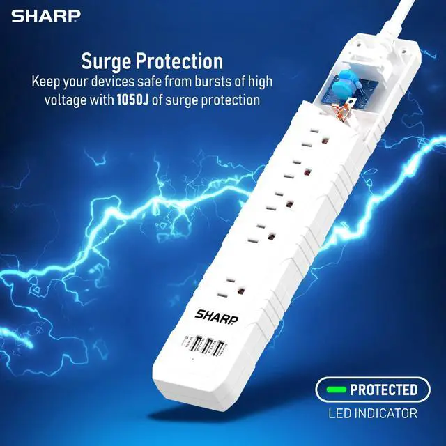 Alt view image 4 of 6 - Surge Protector Power Strip with 6 Outlets, 4 USB Ports, White | 3 USB-A + 1 USB-C; Fast charging; Flat wall-hugger plug; 5-ft cord; Widely spaced outlets