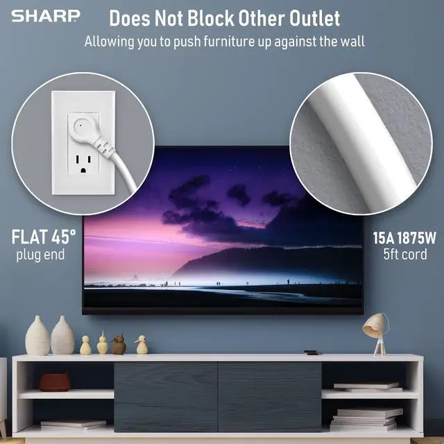 Alt view image 6 of 6 - Surge Protector Power Strip with 6 Outlets, 4 USB Ports, White | 3 USB-A + 1 USB-C; Fast charging; Flat wall-hugger plug; 5-ft cord; Widely spaced outlets