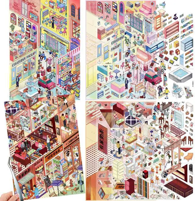 Main image of 2 Sets of Large Size DIY Scene Sticker Sets for Adults, Make Your Own Mini House Landscape Sticker Art, Stress Relief Relaxation Activity - Community Life