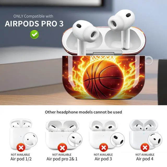 Alt view image 3 of 6 - Case for AirPod Pro 3 Case 2025, Slim Shockproof Protective Cover with Keychain Ring, Wireless Charging Compatible, Stylish Durable Design for Women(Basketball Flames Fire)