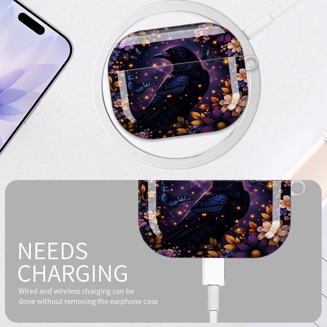 Alt view image 5 of 6 - Case for AirPod Pro 3 Case 2025, Slim Shockproof Protective Cover with Keychain Ring, Wireless Charging Compatible, Stylish Durable Design for Women(Crow Flowers Butterfly Night Sky)