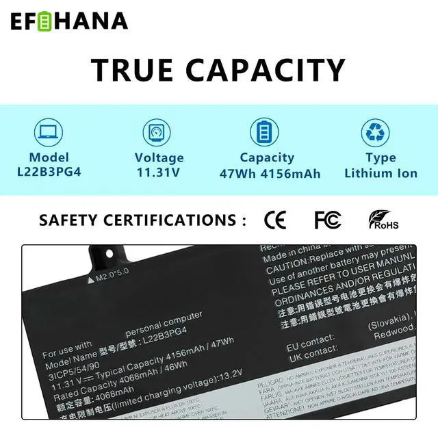 Alt view image 2 of 6 - L22B3PG4 47Wh Laptop Battery Replacement for Lenovo ThinkPad E14 Gen 5 2023/Gen 6 2024/E16 Gen 1 2023/Gen 2 2024 Series SB11K63026 5B11K63022 SB11N46023 5B11N45978 L22X3PG4 L22M3PG4 L22D3PG4 11.31V