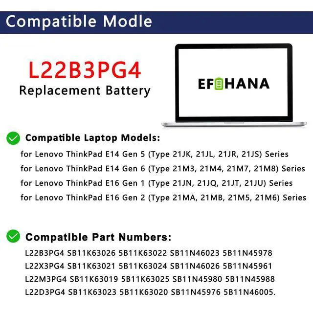 Alt view image 3 of 6 - L22B3PG4 47Wh Laptop Battery Replacement for Lenovo ThinkPad E14 Gen 5 2023/Gen 6 2024/E16 Gen 1 2023/Gen 2 2024 Series SB11K63026 5B11K63022 SB11N46023 5B11N45978 L22X3PG4 L22M3PG4 L22D3PG4 11.31V