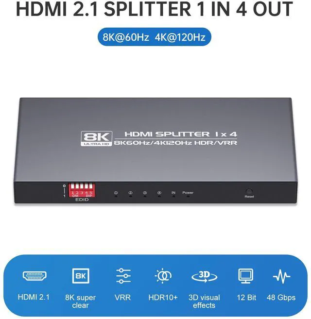 Alt view image 2 of 7 - 8K HDMI Splitter 1 in 4 Out 4K@120hz, 8K@60Hz HDMI 2.1 Splitter 1x4, Downscaler EDID, Hue Light Sync, Compatible with Blu-ray Player PS5 PS4 Pro Xbox Series X and More