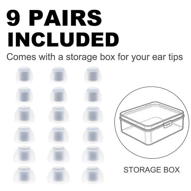 Alt view image 5 of 5 - Replacement Ear Tips Compatible with SIMGOT EM6L, EW300 Earbuds | Soft Silicone Eartips with Portable Storage Box (9 Pairs, White, S/M/L)