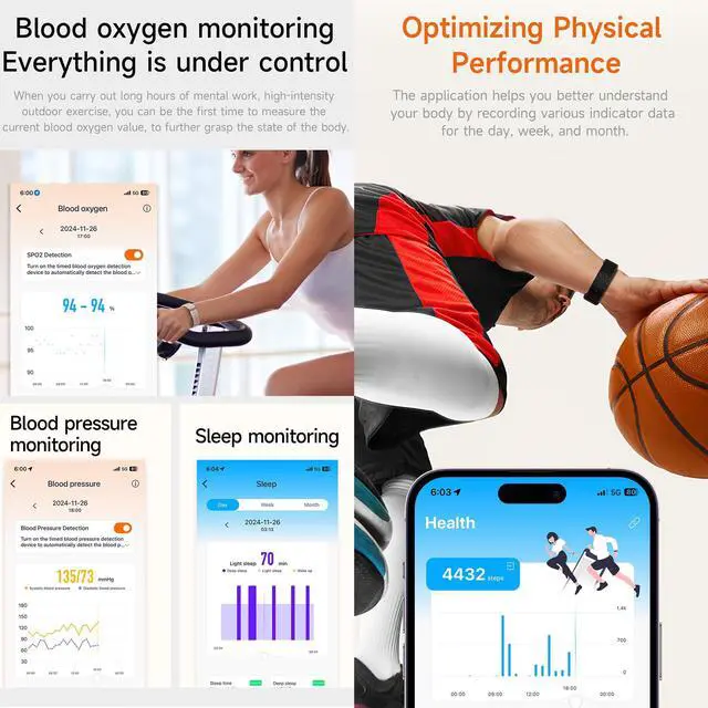 Alt view image 4 of 6 - Wearable Health, Fitness & Activity Tracker, 5ATM Waterproof Mens Smartwatch, Call ReminderFitness Tracker for Android iPhones, SpO2Heart Rate Tracking Sleep Monitoring, 2 Straps (Black)