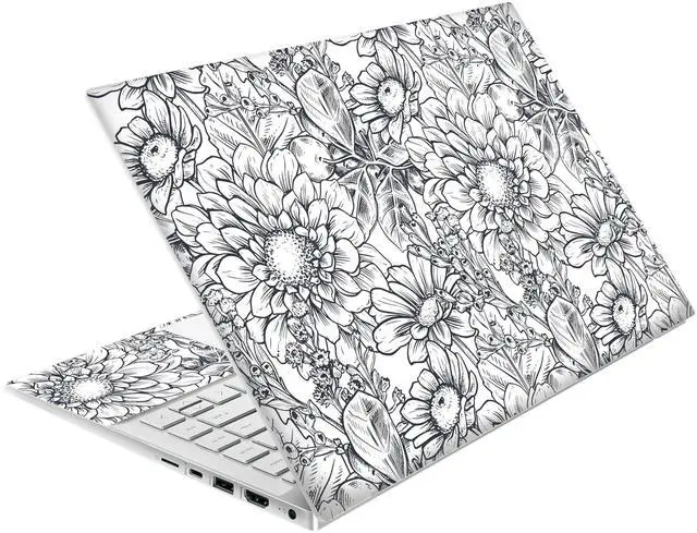 Main image of Laptop Skin Decal HP 14" - Black White Botanical, Laptop Cover Sticker, No Cutting Required, No Bubble, Waterproof, Scratch Resistant - Including Wide Screen and Wrist Pad