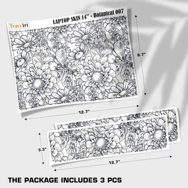 Alt view image 2 of 6 - Laptop Skin Decal HP 14" - Black White Botanical, Laptop Cover Sticker, No Cutting Required, No Bubble, Waterproof, Scratch Resistant - Including Wide Screen and Wrist Pad