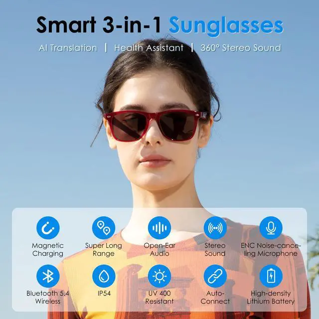 Alt view image 2 of 6 - AI Glasses, Smart Glasses Powered by ChatGPT, Real-Time AI Translation | Polarized lens, AI translation in 145 languages, Handsfree calls, Immersive audio, Holds AI conversations, 11H Playtime