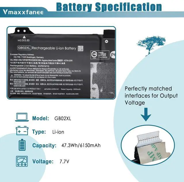 Alt view image 2 of 6 - HP GB02XL GBO2XL Laptop Battery Replacement for HP Chromebook 14-DB0051CL X360 11 G2 EE Chromebook 11A G5 G6 G8 EE Series HSTNN-DB7X HSTNN-UB7M L42550-541 L42550-271 L42583-005 917725-855 GM02XL