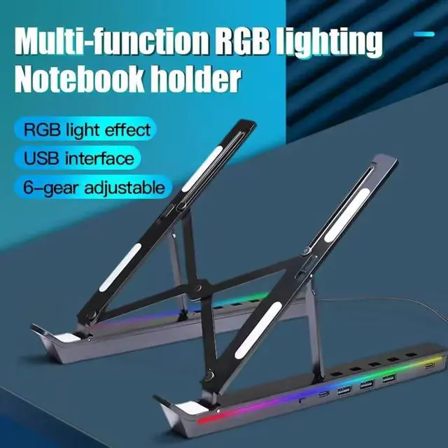 Alt view image 7 of 7 - Laptop Stand with Docking Station for Desk,4 in 1(1*USB-C,3*USB-A) RGB Laptop Stand,Foldable Portable Cooling Laptop Holder,Adjustable for 12-18 inch Laptops,Tablet (Black)