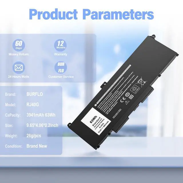 Alt view image 2 of 7 - 63Wh RJ40G Battery for Dell Latitude 14 5420 15 5520 Precision 15 3560 | Replacement for P137G P137G001 P104F P104F001 P104F002 01K2CF 075X16 0WK3F1 0M3KCN 005R42 Laptop Battery15.2V 3941mAh 4-Cell