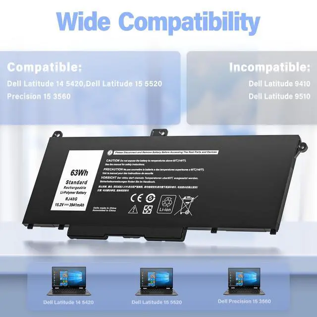 Alt view image 3 of 7 - 63Wh RJ40G Battery for Dell Latitude 14 5420 15 5520 Precision 15 3560 | Replacement for P137G P137G001 P104F P104F001 P104F002 01K2CF 075X16 0WK3F1 0M3KCN 005R42 Laptop Battery15.2V 3941mAh 4-Cell