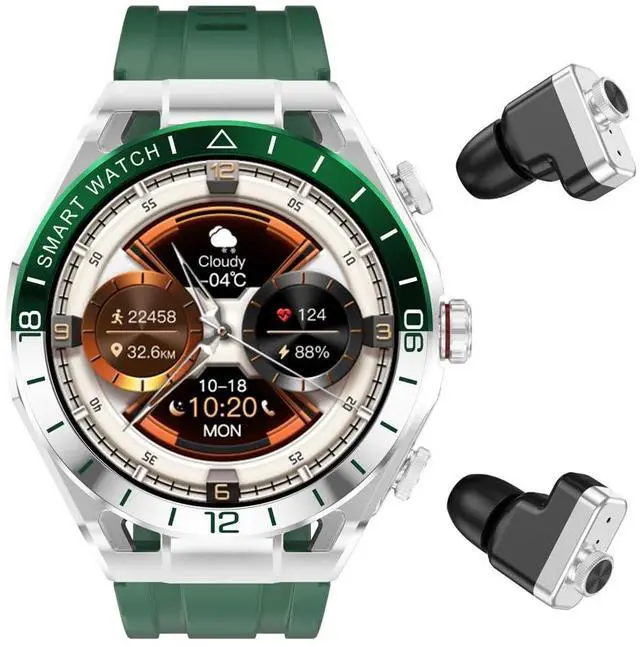 Main image of 2 in 1 Smart Watch with Earbuds, 1.52" IPS Colorful Full Touch Screen Bluetooth Smartwatch for Men Women, Long Time Standby Men Women Sports Smart Watch Fitness Tracker (Silver+Green)