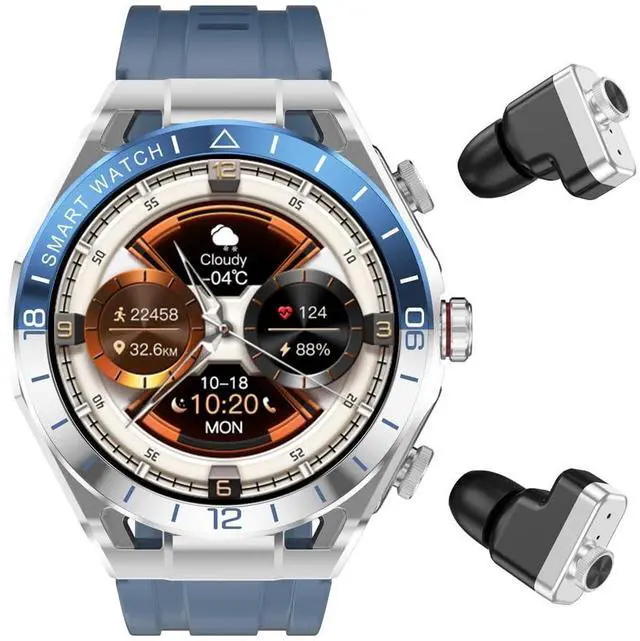 Main image of 2 in 1 Smart Watch with Earbuds, 1.52" IPS Colorful Full Touch Screen Bluetooth Smartwatch for Men Women, Long Time Standby Men Women Sports Smart Watch Fitness Tracker (Silver+Blue)