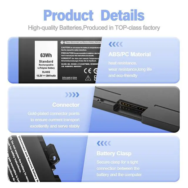 Alt view image 5 of 7 - 63Wh RJ40G Battery for Dell Latitude 14 5420 15 5520 Precision 15 3560 | Replacement for P137G P137G001 P104F P104F001 P104F002 01K2CF 075X16 0WK3F1 0M3KCN 005R42 Laptop Battery15.2V 3941mAh 4-Cell