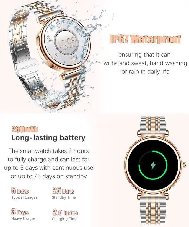 Alt view image 5 of 7 - Watch for Women, 1.25" AMOLED HD Screen Women's Smartwatch, Fitness Tracker with Heart Rate/Sleep Monitor, Bluetooth Call, IP67 Waterproof, Compatible with iOS & Android (Two-Tone Gold)