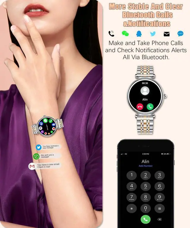 Alt view image 2 of 7 - Watch for Women, 1.25" AMOLED HD Screen Women's Smartwatch, Fitness Tracker with Heart Rate/Sleep Monitor, Bluetooth Call, IP67 Waterproof, Compatible with iOS & Android (Two-Tone Silver)