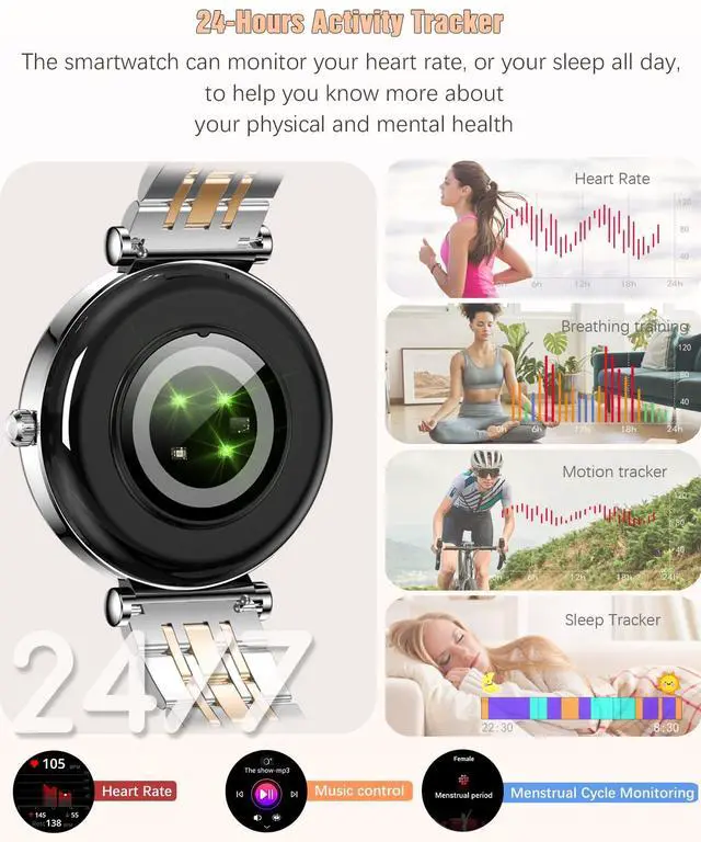 Alt view image 4 of 7 - Watch for Women, 1.25" AMOLED HD Screen Women's Smartwatch, Fitness Tracker with Heart Rate/Sleep Monitor, Bluetooth Call, IP67 Waterproof, Compatible with iOS & Android (Two-Tone Silver)