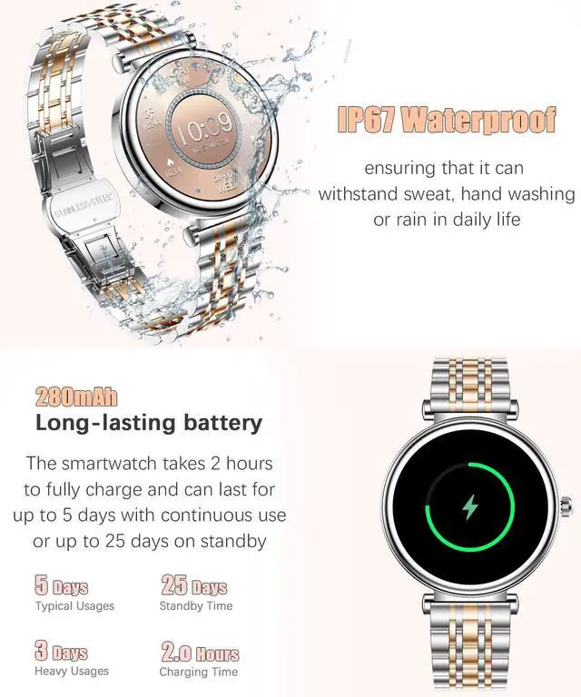 Alt view image 5 of 7 - Watch for Women, 1.25" AMOLED HD Screen Women's Smartwatch, Fitness Tracker with Heart Rate/Sleep Monitor, Bluetooth Call, IP67 Waterproof, Compatible with iOS & Android (Two-Tone Silver)