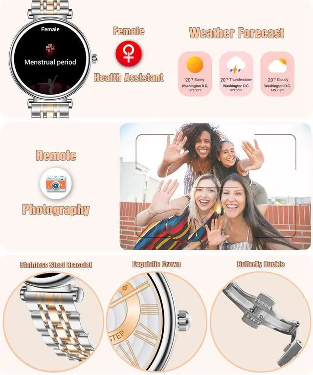 Alt view image 6 of 7 - Watch for Women, 1.25" AMOLED HD Screen Women's Smartwatch, Fitness Tracker with Heart Rate/Sleep Monitor, Bluetooth Call, IP67 Waterproof, Compatible with iOS & Android (Two-Tone Silver)