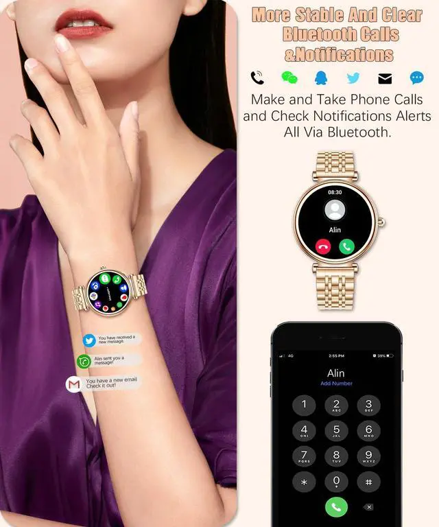 Alt view image 2 of 7 - Watch for Women, 1.25" AMOLED HD Screen Women's Smartwatch, Fitness Tracker with Heart Rate/Sleep Monitor, Bluetooth Call, IP67 Waterproof, Compatible with iOS & Android (Gold)