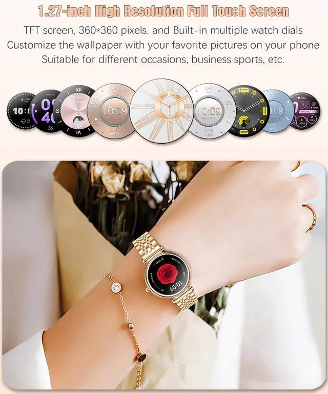 Alt view image 3 of 7 - Watch for Women, 1.25" AMOLED HD Screen Women's Smartwatch, Fitness Tracker with Heart Rate/Sleep Monitor, Bluetooth Call, IP67 Waterproof, Compatible with iOS & Android (Gold)