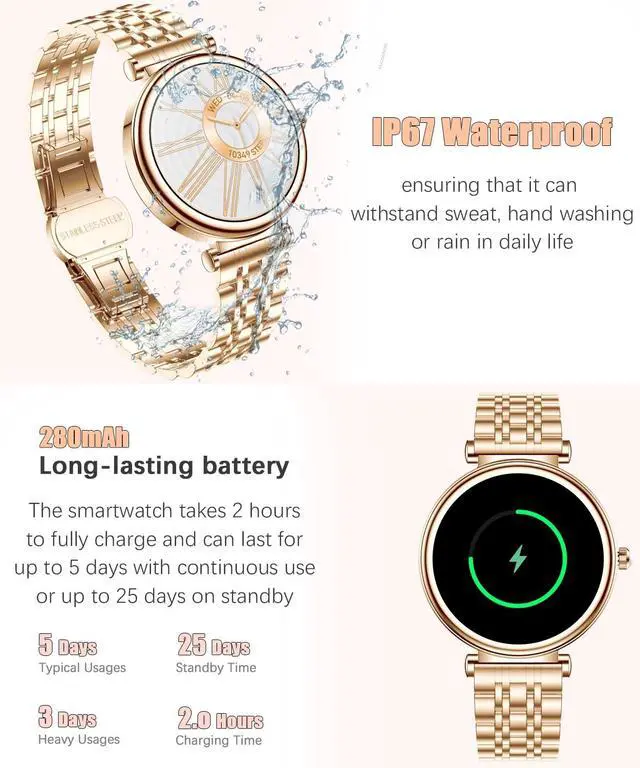 Alt view image 5 of 7 - Watch for Women, 1.25" AMOLED HD Screen Women's Smartwatch, Fitness Tracker with Heart Rate/Sleep Monitor, Bluetooth Call, IP67 Waterproof, Compatible with iOS & Android (Gold)