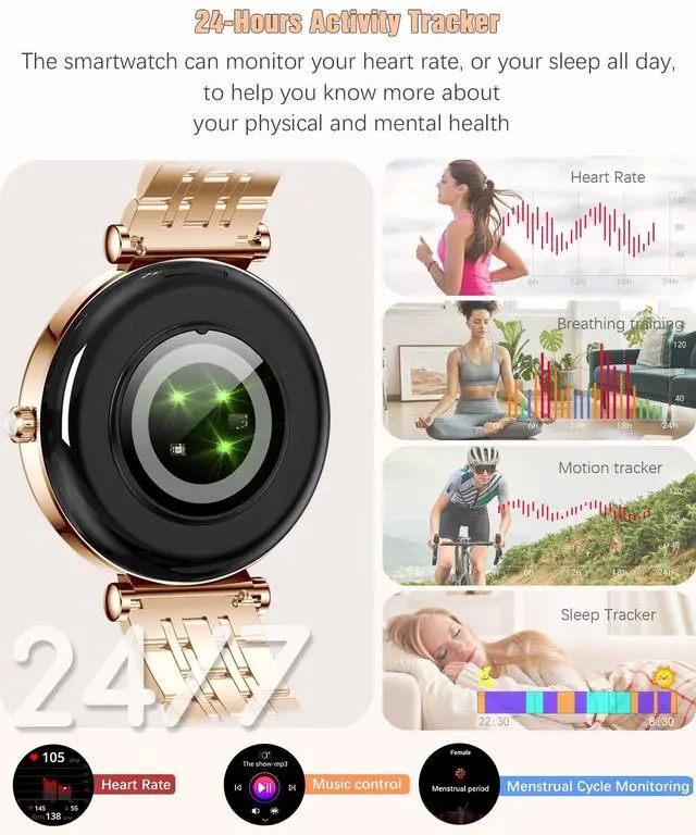 Alt view image 4 of 7 - Watch for Women, 1.25" AMOLED HD Screen Women's Smartwatch, Fitness Tracker with Heart Rate/Sleep Monitor, Bluetooth Call, IP67 Waterproof, Compatible with iOS & Android (Gold)