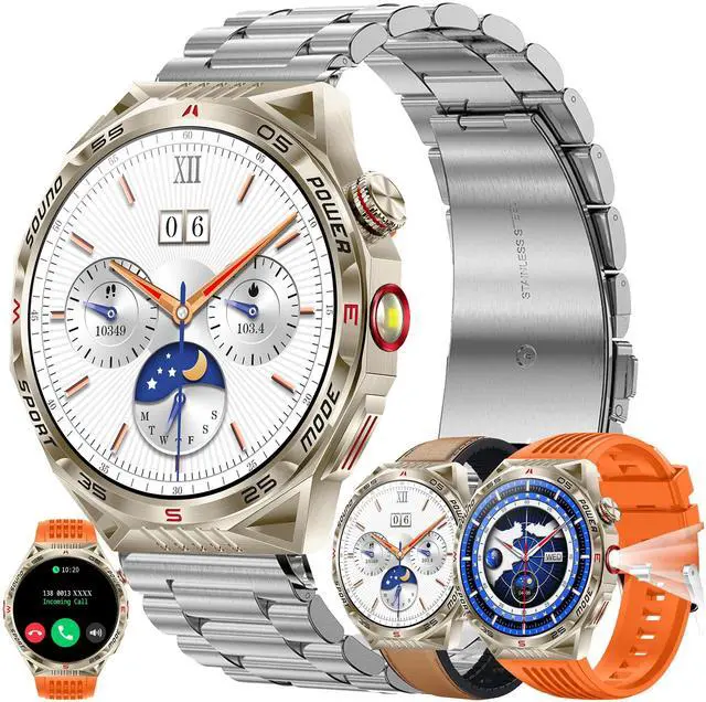 Main image of 1.85AMOLED Smart Watch for Men(Answer/Make Calls), LED Lighting, 5ATM Waterproof Fitness Watch with Heart Rate, SpO2, Blood Pressure, Bluetooth Smartwatch for Android iPhone, with 3 Bands (Silver)