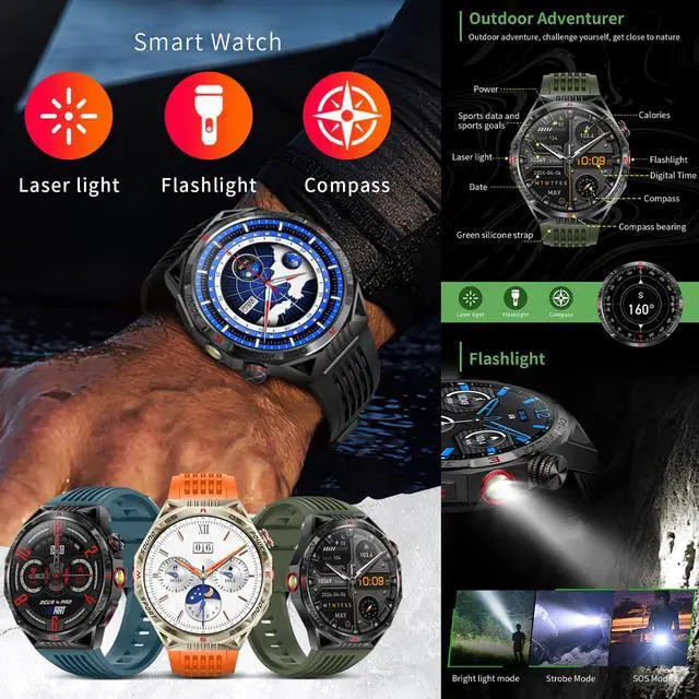 Alt view image 2 of 7 - 1.85AMOLED Smart Watch for Men(Answer/Make Calls), LED Lighting, 5ATM Waterproof Fitness Watch with Heart Rate, SpO2, Blood Pressure, Bluetooth Smartwatch for Android iPhone, with 3 Bands (Silver)