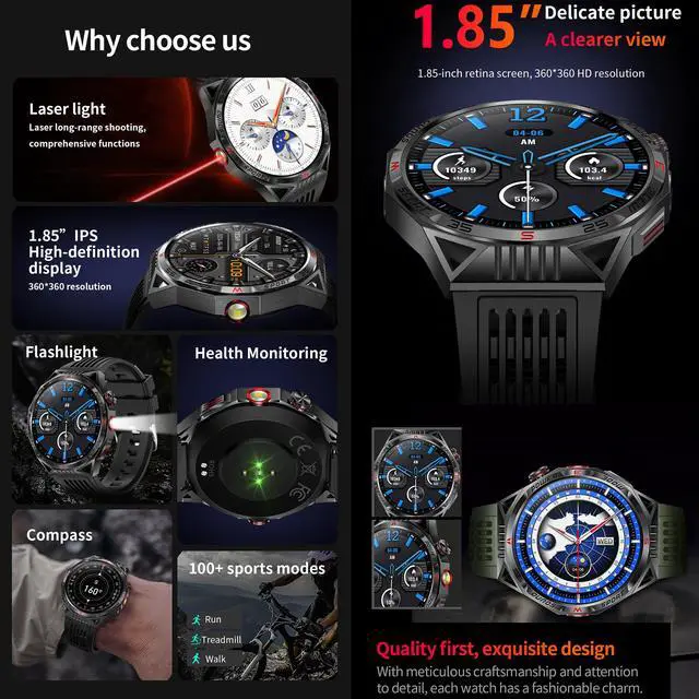 Alt view image 3 of 7 - 1.85AMOLED Smart Watch for Men(Answer/Make Calls), LED Lighting, 5ATM Waterproof Fitness Watch with Heart Rate, SpO2, Blood Pressure, Bluetooth Smartwatch for Android iPhone, with 3 Bands (Silver)