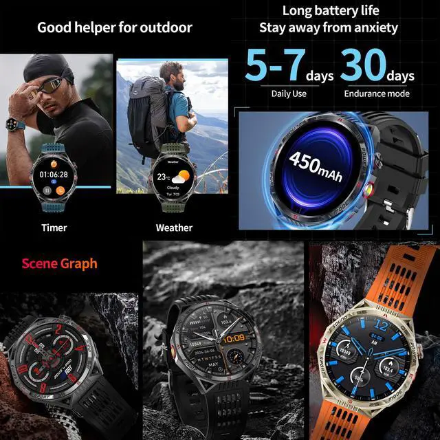 Alt view image 7 of 7 - 1.85AMOLED Smart Watch for Men(Answer/Make Calls), LED Lighting, 5ATM Waterproof Fitness Watch with Heart Rate, SpO2, Blood Pressure, Bluetooth Smartwatch for Android iPhone, with 3 Bands (Silver)