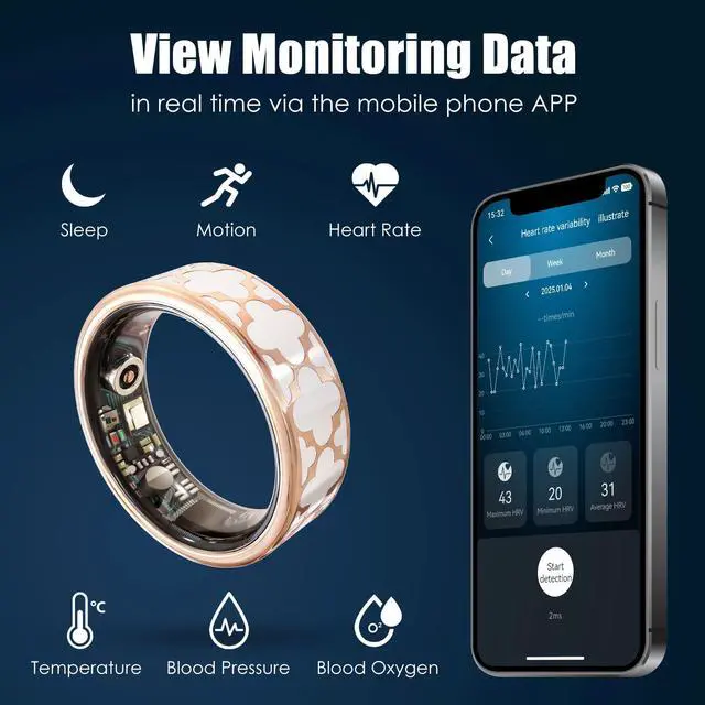 Alt view image 2 of 6 - Smart Ring, Classic Clover Fitness Trackers, Large-Capacity Battery, Fitness/Sleep/Stress/Temperature Tracker for Women & Men, 5ATM Waterproof, iOS & Android Compatible, Black, APP Fees (10)