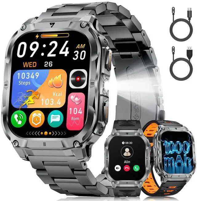 Main image of 2.0" Military Smart Watch for Men with Flashlight, Make/Answer Calls, 1000mAh, IP68 Waterproof, 100+ Sport Modes Fitness Tracker for Workout Outdoor iOS Android Compatible, Black-Orange