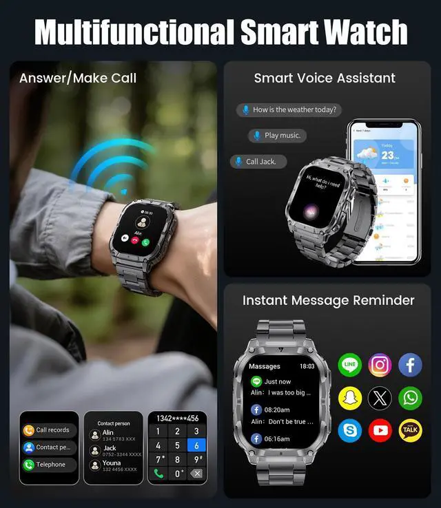 Alt view image 2 of 6 - 2.0" Military Smart Watch for Men with Flashlight, Make/Answer Calls, 1000mAh, IP68 Waterproof, 100+ Sport Modes Fitness Tracker for Workout Outdoor iOS Android Compatible, Black-Orange