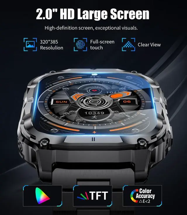 Alt view image 3 of 6 - 2.0" Military Smart Watch for Men with Flashlight, Make/Answer Calls, 1000mAh, IP68 Waterproof, 100+ Sport Modes Fitness Tracker for Workout Outdoor iOS Android Compatible, Black-Orange