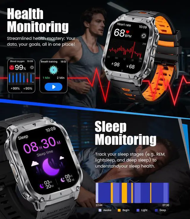 Alt view image 6 of 6 - 2.0" Military Smart Watch for Men with Flashlight, Make/Answer Calls, 1000mAh, IP68 Waterproof, 100+ Sport Modes Fitness Tracker for Workout Outdoor iOS Android Compatible, Black-Orange